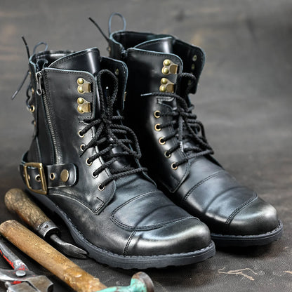 Black BS Leather Men’s Motorcycle Boots – Chad | KarolShoes