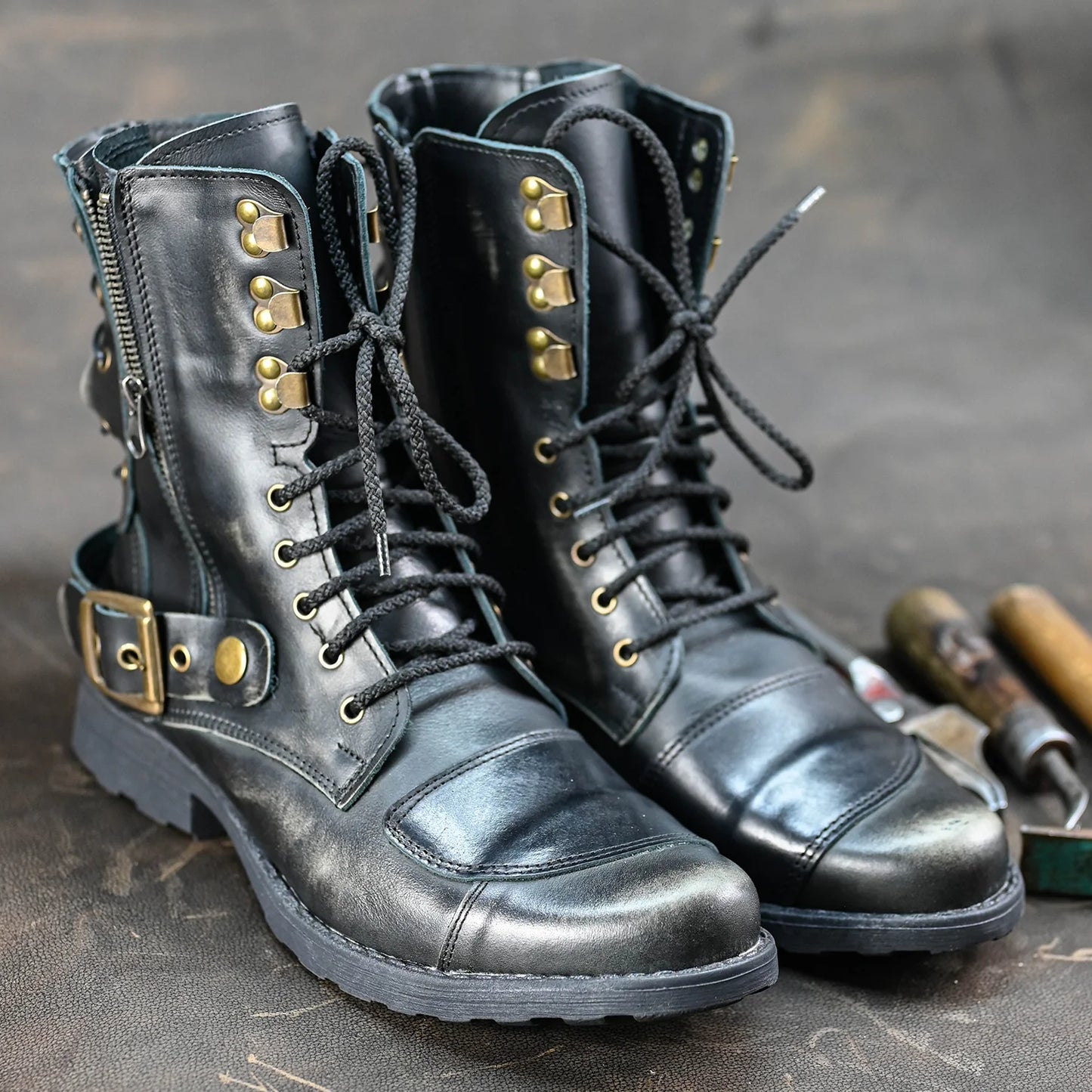 Black BS Leather Men’s Motorcycle Boots – Sonny | KarolShoes