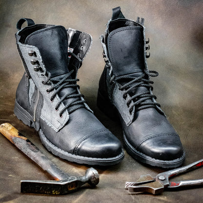 Pánské boty Linen – černé kožené boty s lněnou cholevkou | KarolShoes