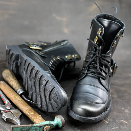 Black BS Leather Men’s Motorcycle Boots – Chad | KarolShoes